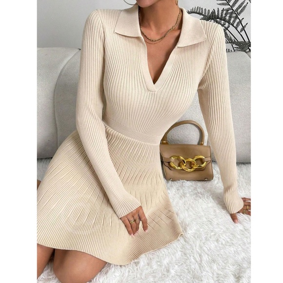 Beige Rib Knit Ruffle Hem V-Neck Mini Dress Collared Long Sleeve Stretchy - Picture 4 of 8